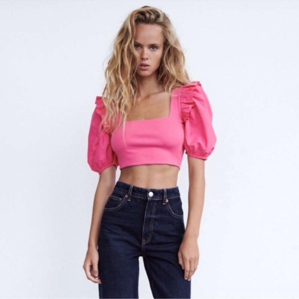 ZARA Pink Puff Balloon Sleeve Ribbed Crop Top Sz S Ruffle Feminine - Picture 2 of 12